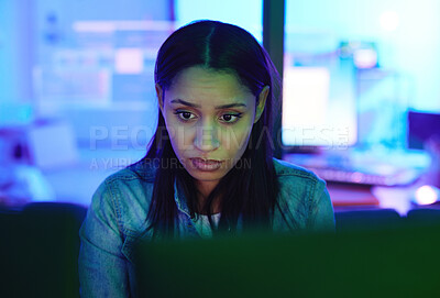 Buy stock photo Woman, computer or stress face in neon house with cybersecurity ransomware, night phishing or code crisis. Developer, technology or 404 glitch for anxiety, worry or scared programmer with safety scam