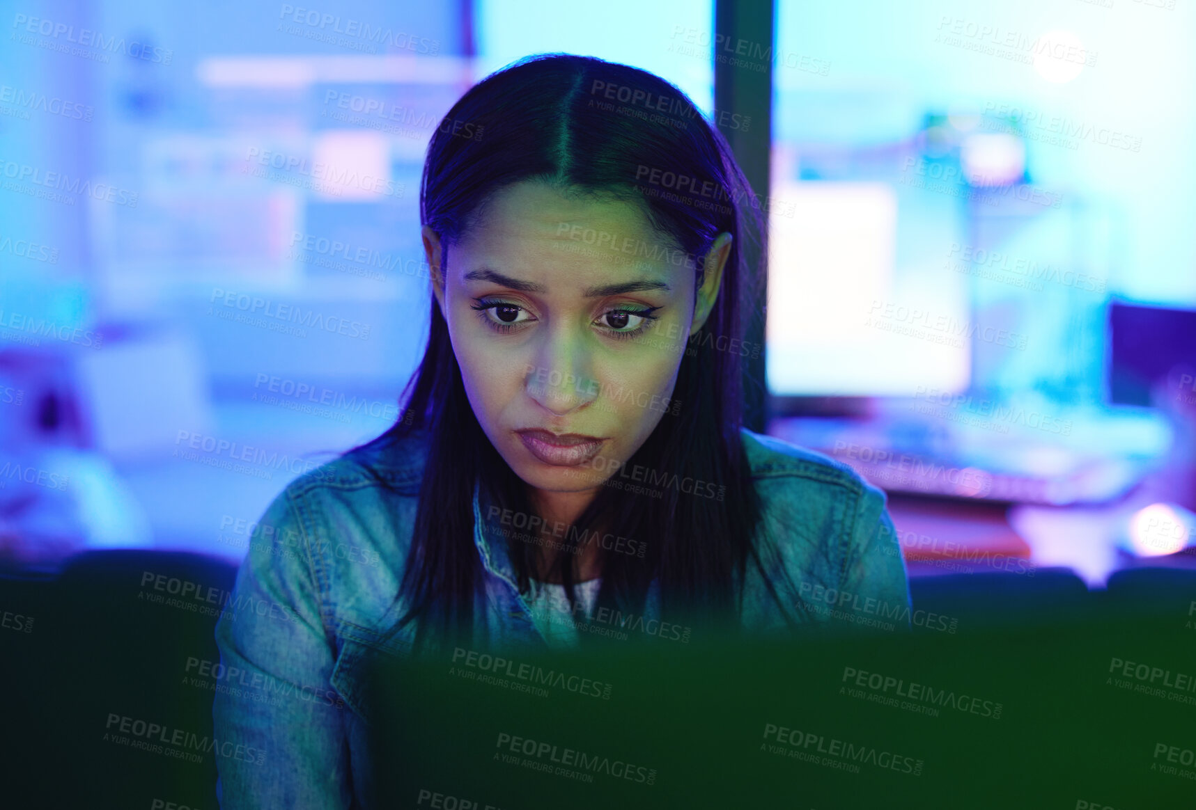 Buy stock photo Woman, computer or stress face in neon house with cybersecurity ransomware, night phishing or code crisis. Developer, technology or 404 glitch for anxiety, worry or scared programmer with safety scam