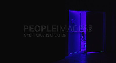 Buy stock photo Hacker, hide or neon in night coding, web 3.0 programming or phishing software mock up in off grid door. Woman, programmer or developer on technology for dark scam, cybersecurity or secret copy space