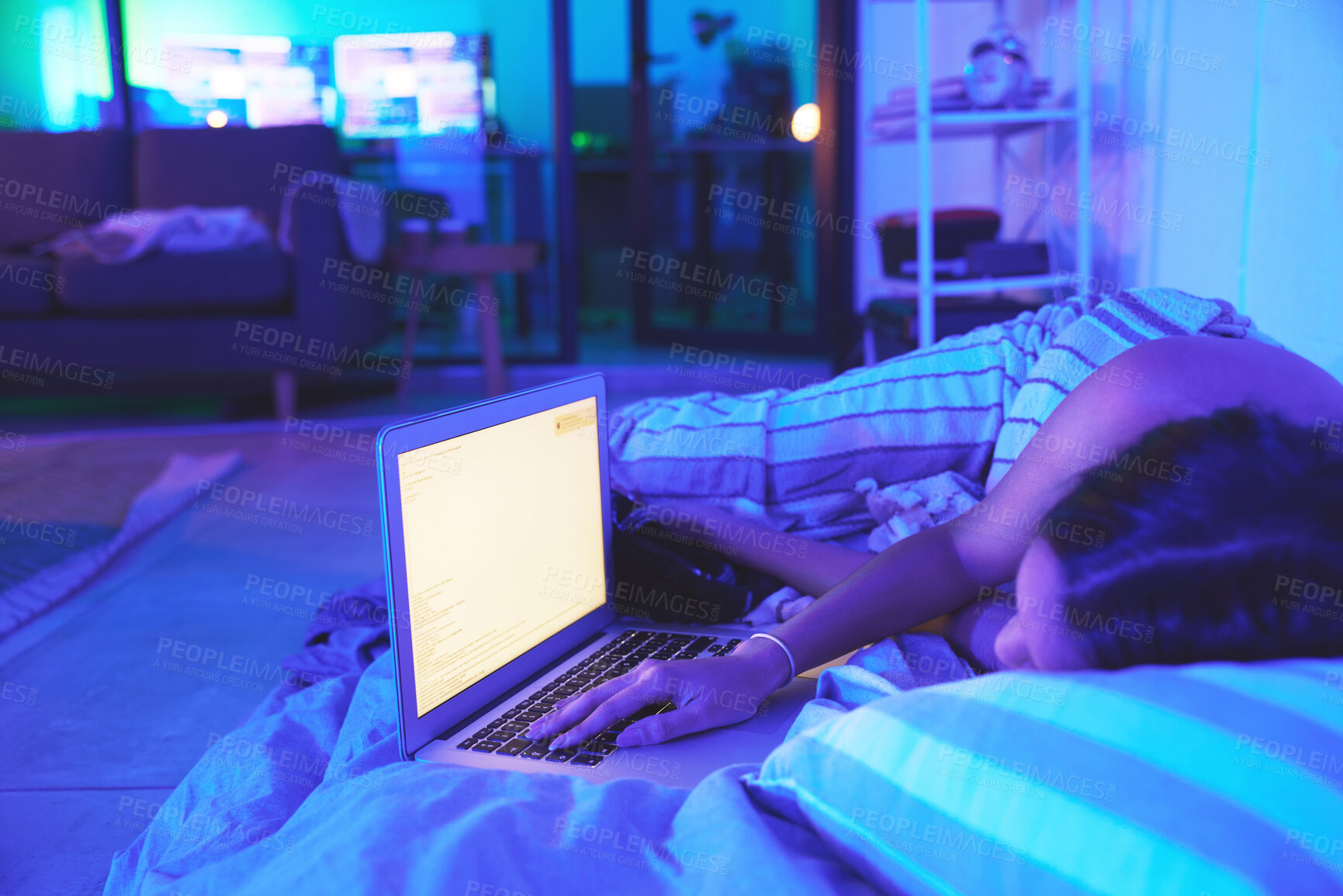 Buy stock photo Night, woman and laptop while sleeping in home bed with light from website screen in bedroom. Tired student person hand with burnout asleep while online for remote work or mockup social media chat