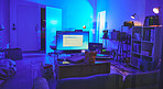 Programming room, information technology or tv in house for software, hacking or coding in neon light at night. It, television or living room interior with digital devices, sofa or piano with screen.
