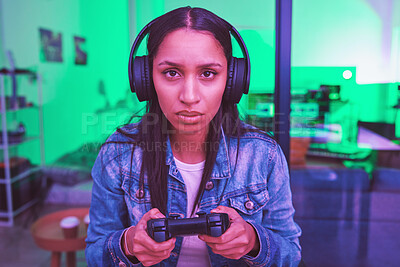 Buy stock photo Headphones, portrait or gaming console in neon home with thinking, strategy or planning face expression in PC esports. Video gamer, woman or player in night house basement with cyberpunk technology