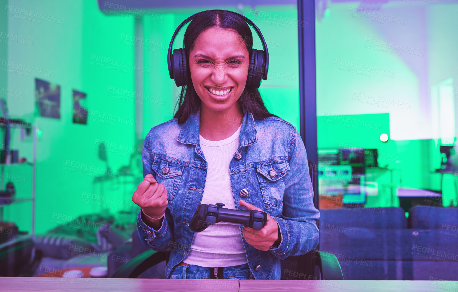 Buy stock photo Gamer success, headphones winner and woman in home at night in neon light for web esports. Gaming face portrait, technology or gen z female with controller celebrating winning, victory or achievement