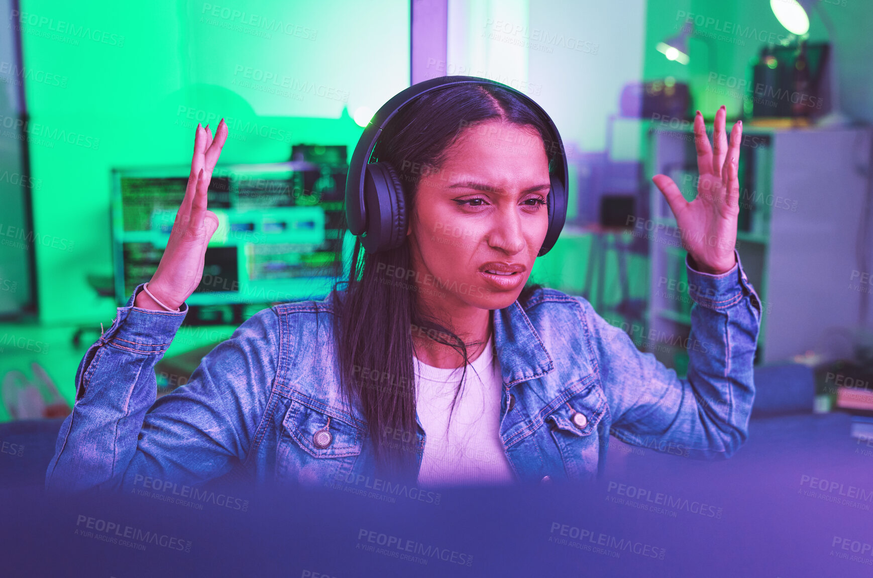 Buy stock photo Woman, headphones or stress in neon home basement in esports burnout, 404 gaming glitch or challenge fail. What, confused or gamer in dark house with streaming headset, software crisis or competition