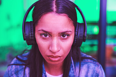 Buy stock photo Headphones, portrait or gaming woman in neon home with focus, strategy or serious face expression for esports. Zoom, player or video gamer in night house with cyberpunk music or challenge mindset