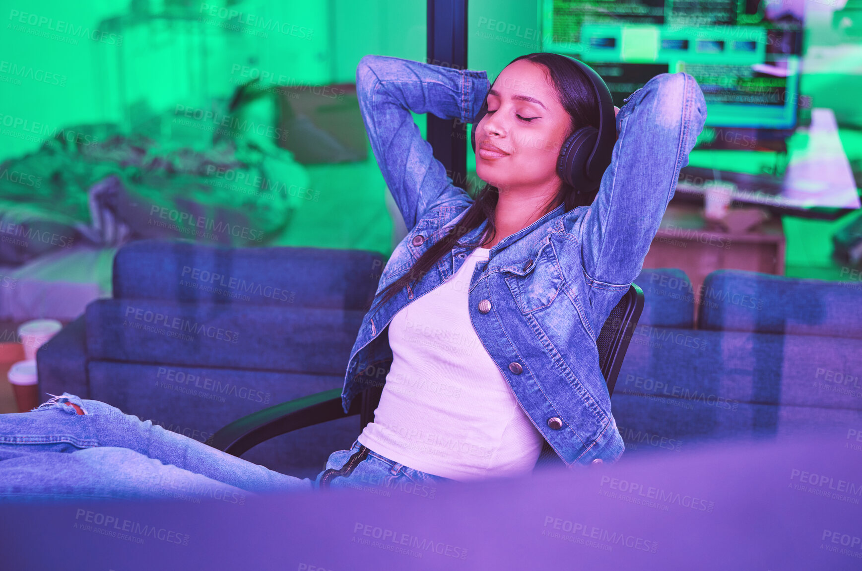 Buy stock photo Woman, headphones or relax in neon house after technology coding, software development or cybersecurity safety. Happy, programmer or hands behind head in night programming success with music podcast