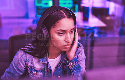 Buy stock photo Thinking woman, computer or headphones in neon strategy for iot coding, night programming or code cybersecurity. Programmer, developer or desktop technology and music or podcast for ux ideas planning