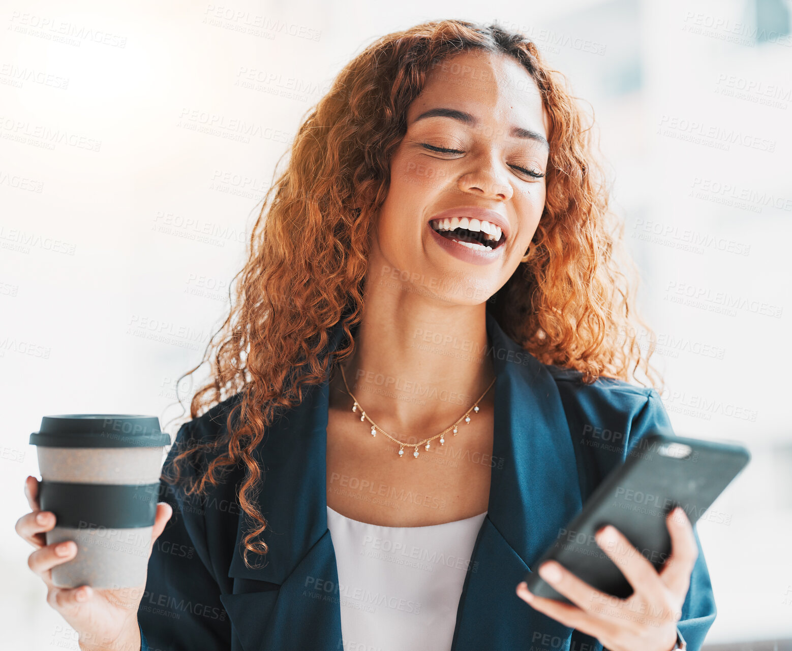 Buy stock photo Phone, coffee and laughter with a business black woman laughing at a meme or joke on social media. Mobile, contact and humor with a funny female employee on the internet to enjoy happy comedy 