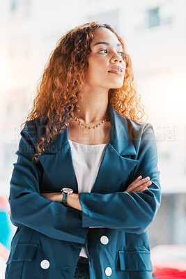 Buy stock photo Business, woman arms crossed and thinking for opportunity, vision and success with new project. Female leader, ceo and manager with skills, leadership and profit growth with future plan or motivation