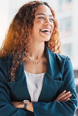 Buy stock photo Business, happy woman and thinking with arms crossed in city, pride and opportunity for success. Female worker, smile and vision in urban street of corporate motivation, happiness and mindset goals