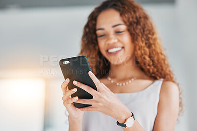 Buy stock photo Young entrepreneur, phone texting and black woman with smile, startup office and communication on chat app. Tech business owner, smartphone and social network with happiness, contact and networking