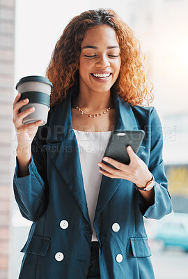 Buy stock photo Phone, coffee and laugh with a business black woman laughing at a meme or joke on social media. Mobile, contact and humor with a funny female employee on the internet to enjoy happy comedy 