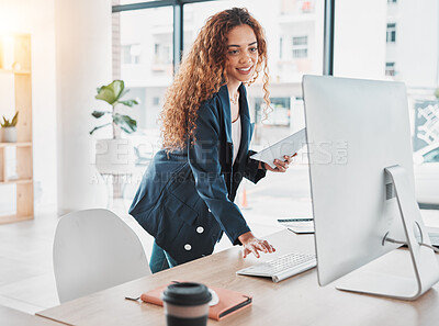 Buy stock photo Businesswoman, computer and document in schedule tasks, planning or preparation strategy standing at office desk. Female employee manager checking desktop PC for project plan at the workplace