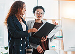 Business people, document and team planning, schedule or idea strategy at the office. Female employee manager checking paperwork with colleague in analysis, marketing or project plan at the workplace