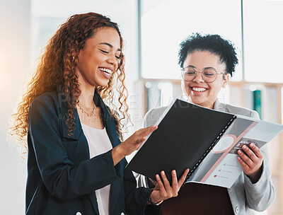 Buy stock photo Businesswoman, document and team laughing in schedule planning, preparation or strategy at the office. Female manager smiling and laugh with colleague in analysis or fun project plan at the workplace