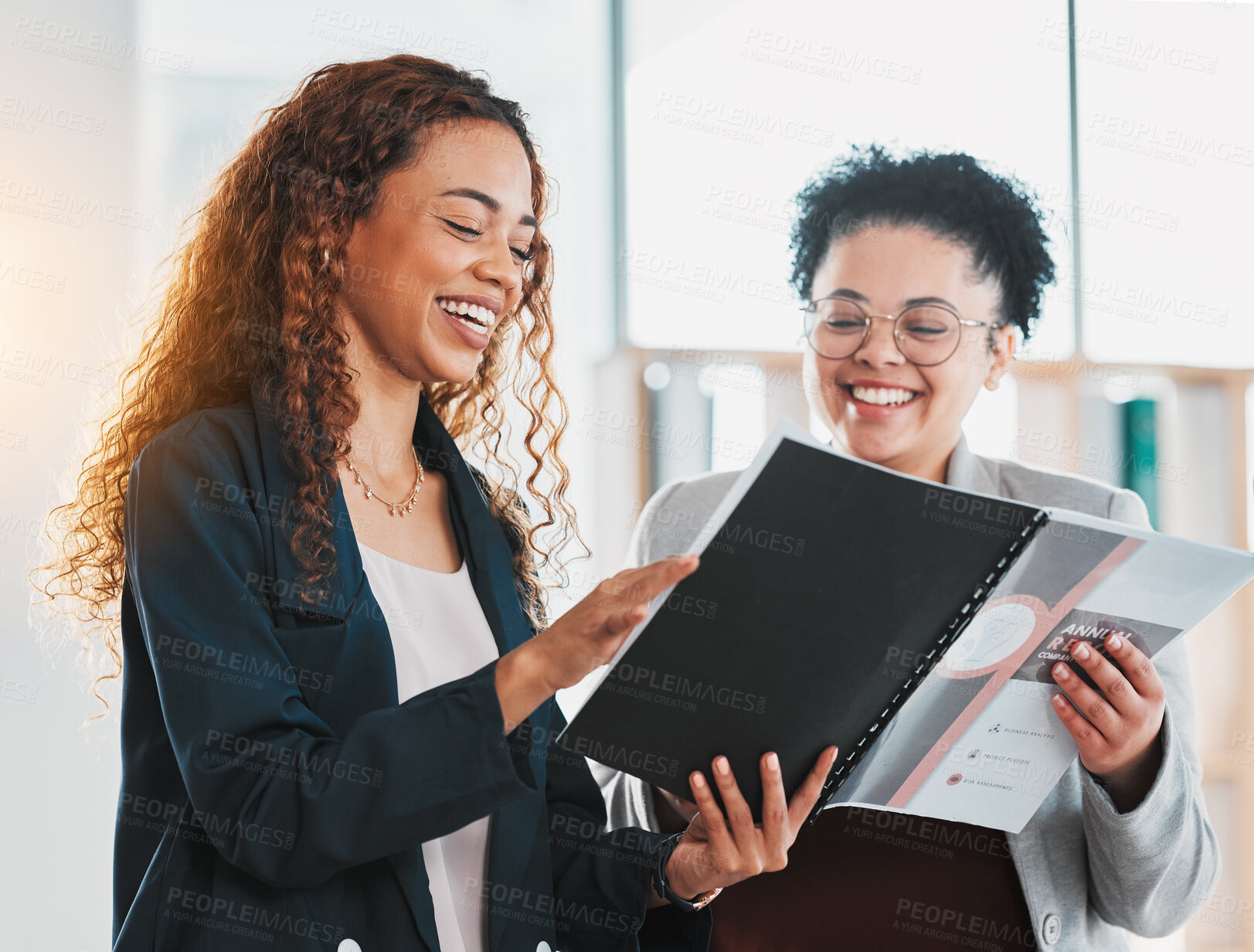 Buy stock photo Businesswoman, document and team laughing in schedule planning, preparation or strategy at the office. Female manager smiling and laugh with colleague in analysis or fun project plan at the workplace