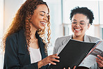 Businesswoman, document and team laughing for report planning, preparation or strategy at the office. Female manager smiling and laugh with colleague in analysis or fun project plan at the workplace