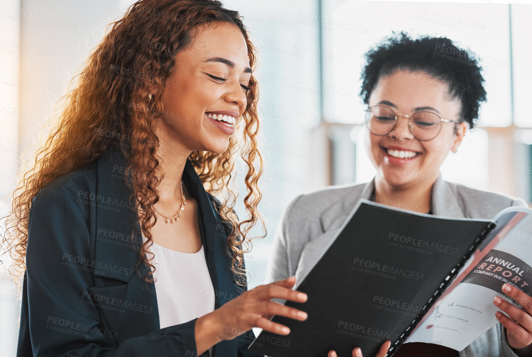 Buy stock photo Businesswoman, document and team laughing for report planning, preparation or strategy at the office. Female manager smiling and laugh with colleague in analysis or fun project plan at the workplace