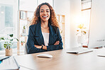 Business, woman and portrait with arms crossed at desk, office and pride in Colombia startup company. Happy female worker smile at table for corporate motivation, happiness and leadership opportunity
