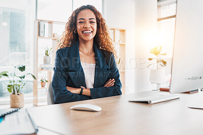 Buy stock photo Business, woman and portrait with arms crossed at desk, office and pride in Colombia startup company. Happy female worker smile at table for corporate motivation, happiness and leadership opportunity