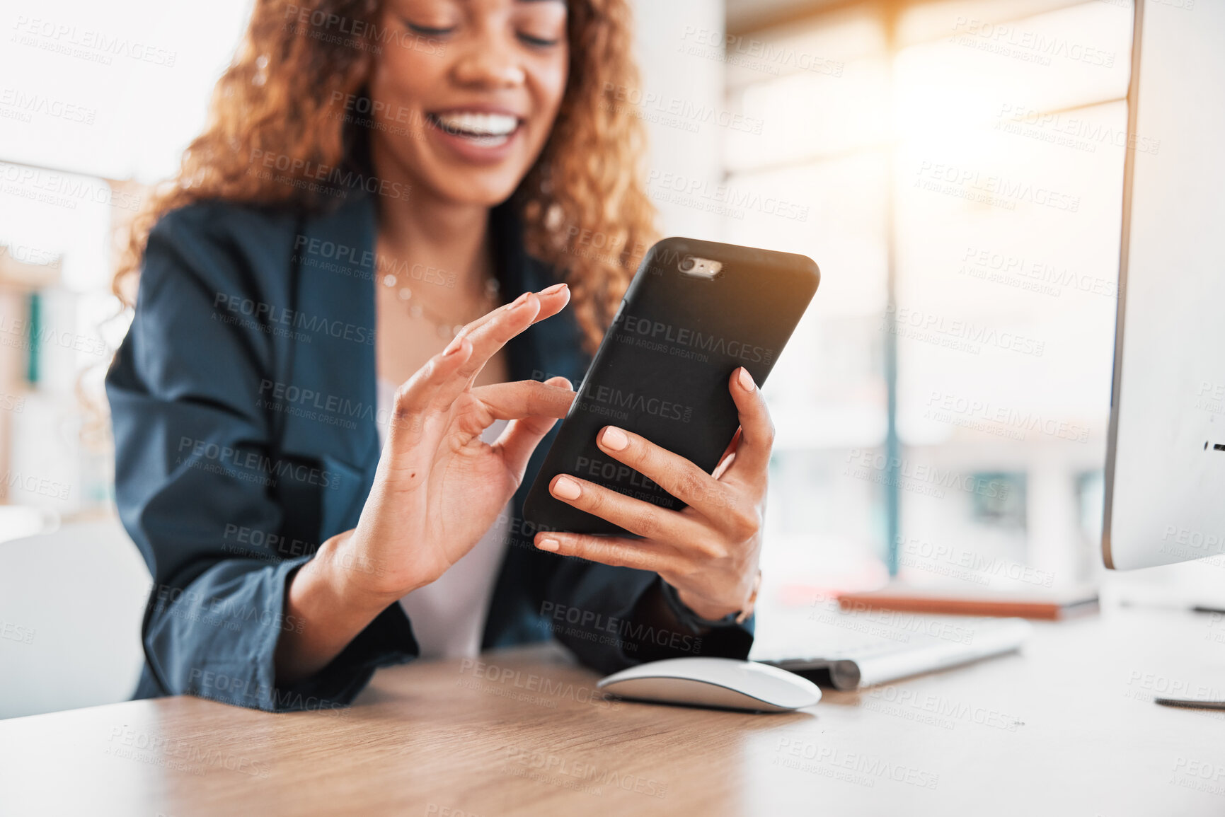 Buy stock photo Phone, hand and communication with a business black woman laughing at a meme in her office at work. Contact, social media and mobile with a female employee browsing the internet for a joke or humor