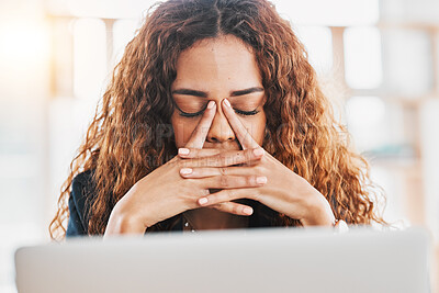 Buy stock photo Stress, headache and tired business woman on laptop in office for 404 technology glitch. Frustrated worker, burnout and computer mistake with anxiety, fatigue and depression of problem with tax audit