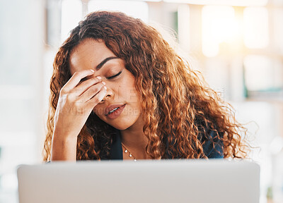 Burnout, headache and frustrated business woman on laptop in office of 404 technology glitch, crisis or problem. Sad worker, stress and computer mistake with anxiety, fatigue or face of mental health
