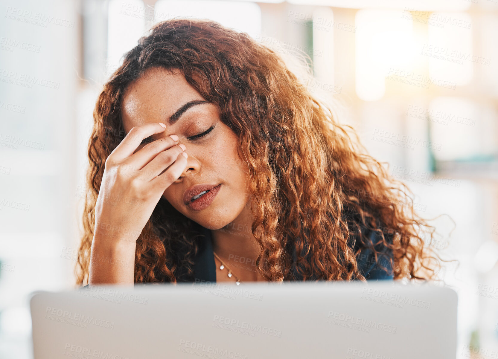 Buy stock photo Burnout, headache and frustrated business woman on laptop in office of 404 technology glitch, crisis or problem. Sad worker, stress and computer mistake with anxiety, fatigue or face of mental health