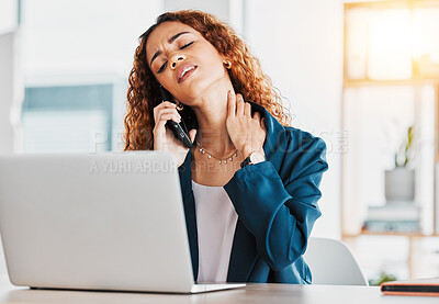 Buy stock photo Business, phone call and black woman with neck pain, laptop and burnout in workplace, muscle strain or overworked. Injury, African American female employee or ceo with smartphone or tension in office