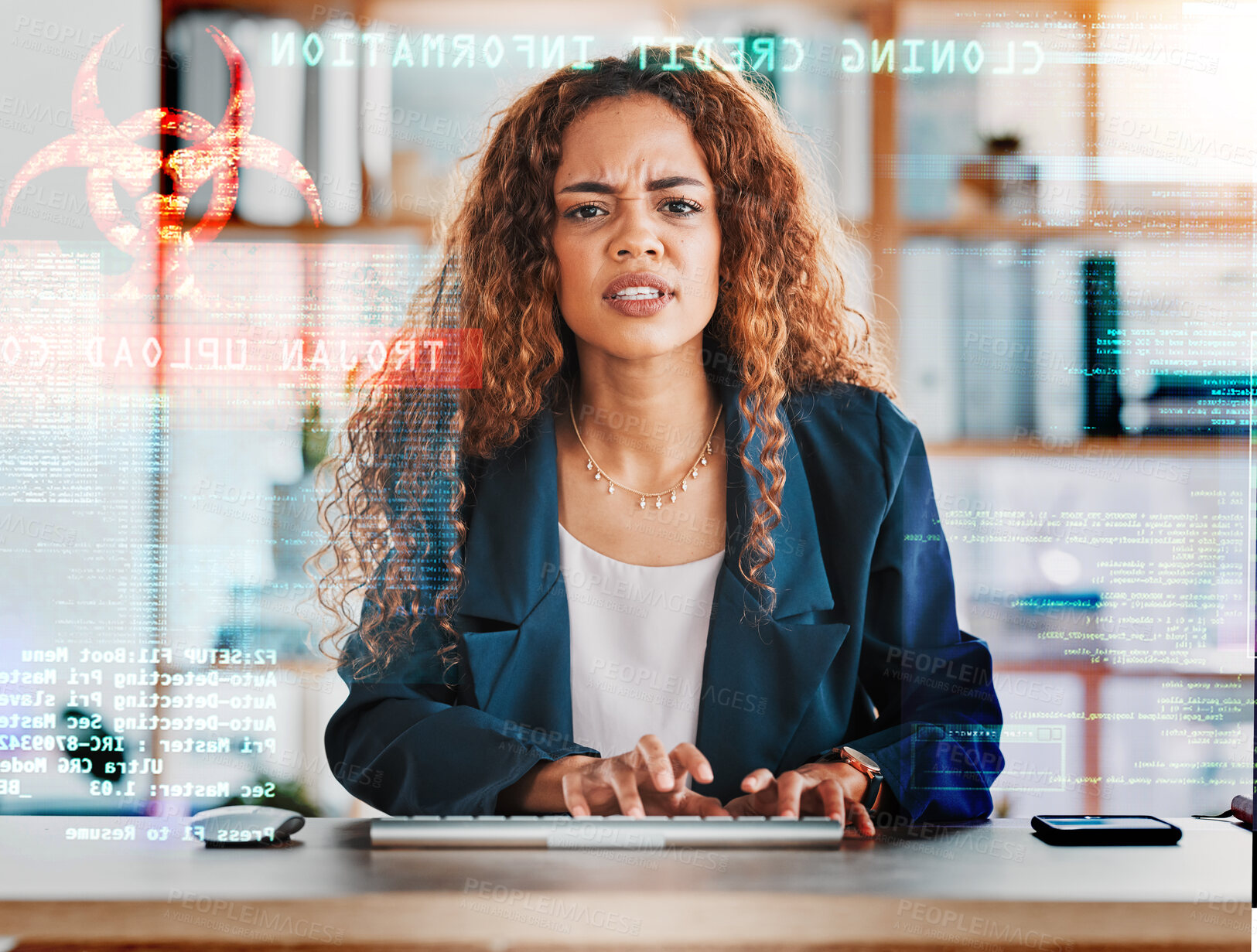 Buy stock photo Angry businesswoman, computer and virus in cybersecurity, malicious software or application at office desk. Upset female employee by hacked desktop PC, scam or internet fraud and data error glitch