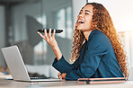 Businesswoman, laptop and phone laughing for funny joke, meme or conversation on speaker at office desk. Happy female employee laugh for fun discussion, talking or speaking on smartphone by computer