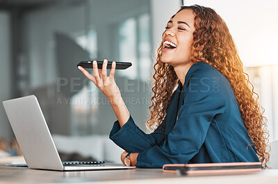 Buy stock photo Businesswoman, laptop and phone laughing for funny joke, meme or conversation on speaker at office desk. Happy female employee laugh for fun discussion, talking or speaking on smartphone by computer