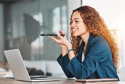 Buy stock photo Businesswoman, laptop and phone for voice note in schedule planning, strategy or speaking at office desk. Happy female manager talking on smartphone speaker by computer for project plan at workplace