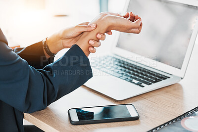 Buy stock photo Business, closeup and woman with wrist pain, burnout and laptop in office, stress and deadline. Zoom, female employee and professional with smartphone, injury and muscle strain in workplace and hand