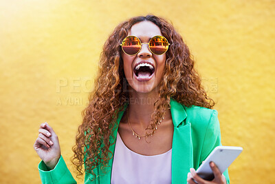 Buy stock photo Smile, fashion and face of black woman with phone for social media, internet and 5g smartphone in city. Communication, wow success and portrait of excited, happy and girl winner on yellow background