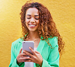 Phone, beauty and black woman isolated on wall background for networking, makeup blog or fashion color tips. Young model or person typing on mobile app or smartphone for sale, discount and cosmetics