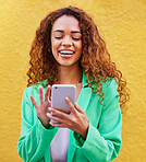 Beauty, phone and black woman isolated on yellow background for online search, makeup blog or fashion color tips. Young model or person typing on mobile app or smartphone for happy sale or discount