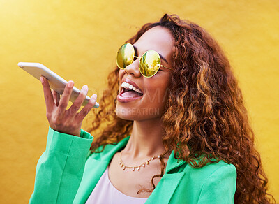 Buy stock photo Audio message, conversation and woman on a phone call for communication, connection and chat. Voice assistant, record and girl speaking through a mobile for discussion and talking on a city wall