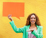 Speech bubble, portrait and woman on yellow, background and mockup space of voice, opinion and ideas. Happy female model, thought poster and feedback for advertising news, review and chat sign board