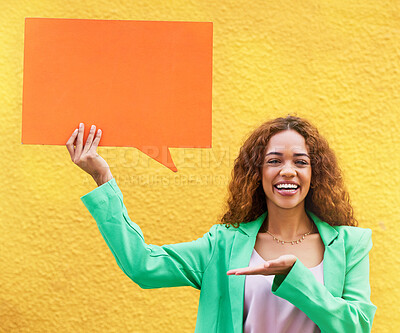 Buy stock photo Speech bubble, portrait and woman on yellow, background and mockup space of voice, opinion and ideas. Happy female model, thought poster and feedback for advertising news, review and chat sign board