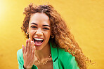 Laughing, funny and portrait of a black woman in the city for freedom, energy and outdoor weekend. Happy, comic and face of a girl with a smile, laugh and pride for fashion on a wall in town