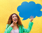 Social media, speech bubble and announcement with a black woman on a yellow wall for communication. Mockup, review and advertising with an african person holding a sign or notice for marketing