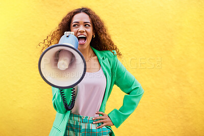 Buy stock photo Woman, megaphone and announcement on yellow background of speech, review and mockup. Female, attention and voice for audio, news and broadcast of opinion, mock up space and gen z talking on speaker