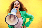 Woman, megaphone and protest on yellow background of speech, announcement and screaming noise. Female broadcast voice for human rights, justice and news for attention, opinion and gen z speaker sound