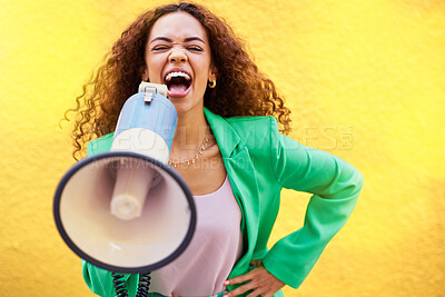 Buy stock photo Woman, megaphone and protest on yellow background of speech, announcement and screaming noise. Female broadcast voice for human rights, justice and news for attention, opinion and gen z speaker sound