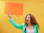 Social media, speech bubble and communication with a black woman on a yellow wall for an announcement. Mockup, review and advertising with an african person holding a sign or notice for marketing