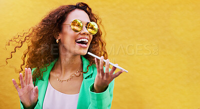 Buy stock photo Audio message, technology and woman on a phone call for communication, connection and chat. Voice assistant, mockup and rich fancy girl speaking on a mobile for discussion and talking on a city wall