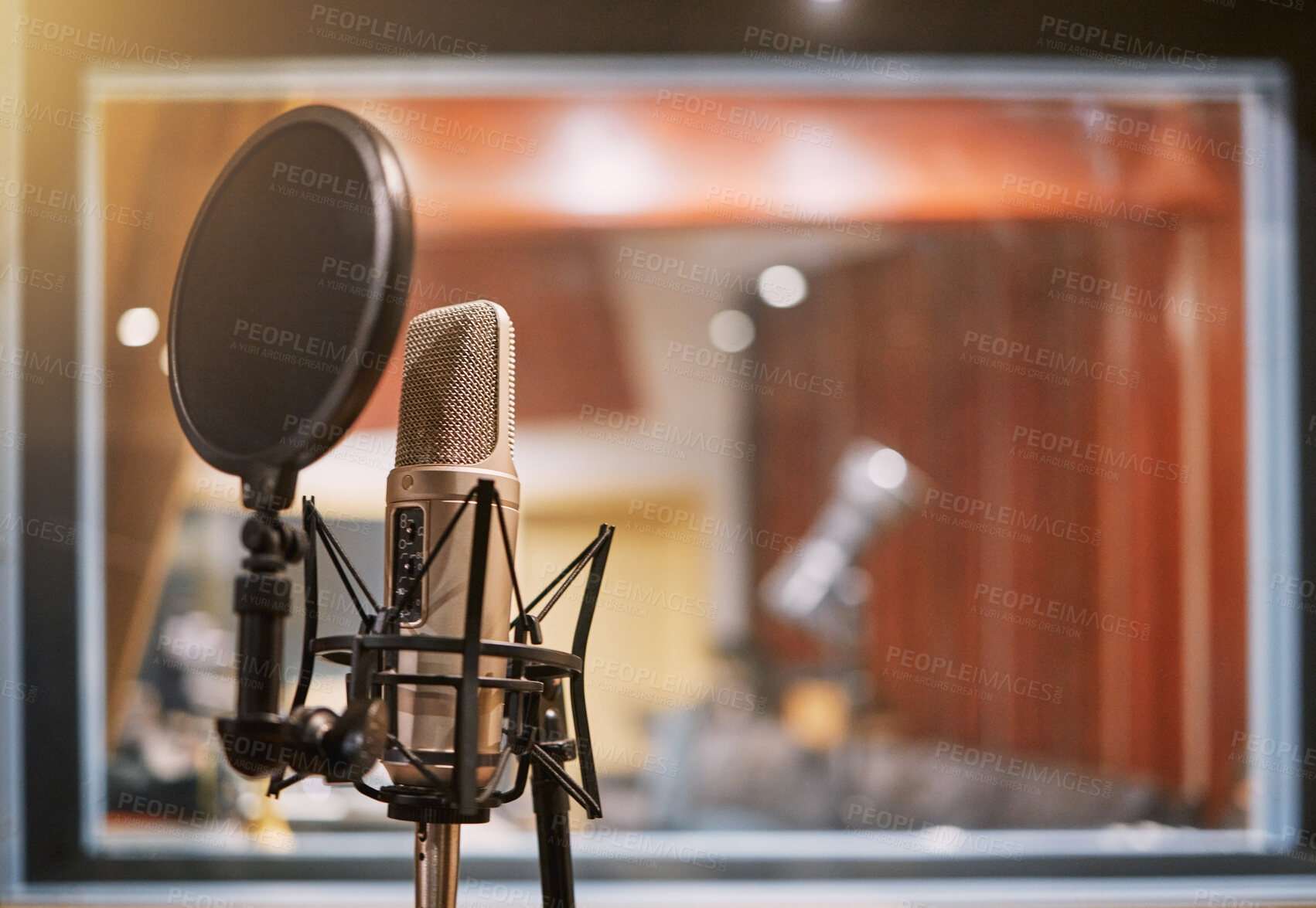 Microphone, studio and music with equipment at a record label for 