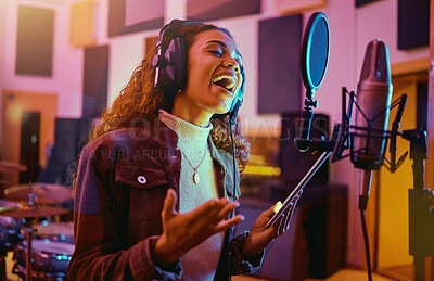 Buy stock photo Tablet, music and woman singing in a studio for radio, song production and rehearsal. Creative, voice and a singer making a record, track or recording a musical sound as a professional artist