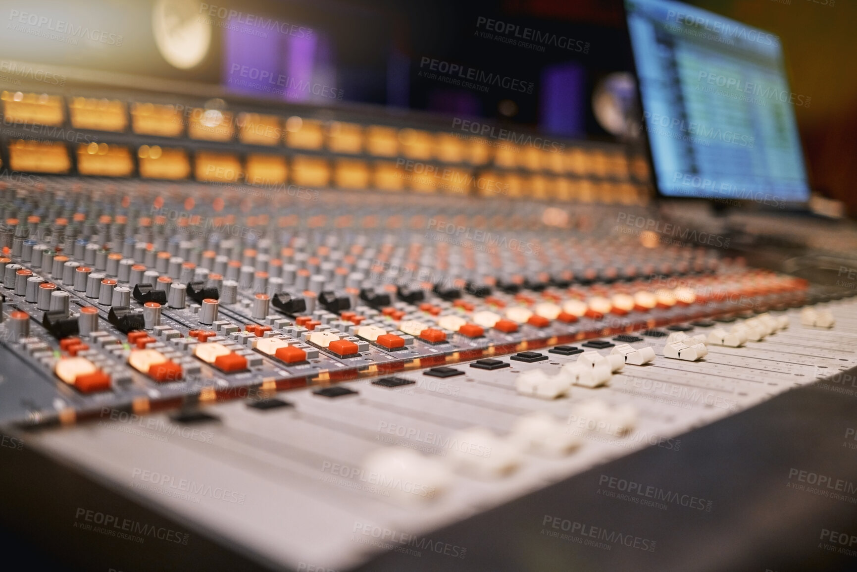 Buy stock photo Sound board, music and production in recording studio with creativity and audio equipment. Mixing console with buttons, dj and technology with art, amplifier and produce song with entertainment